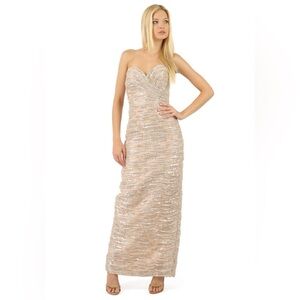 Vicky Tiel Metallic Lace Overlay Strapless Ruched Gown